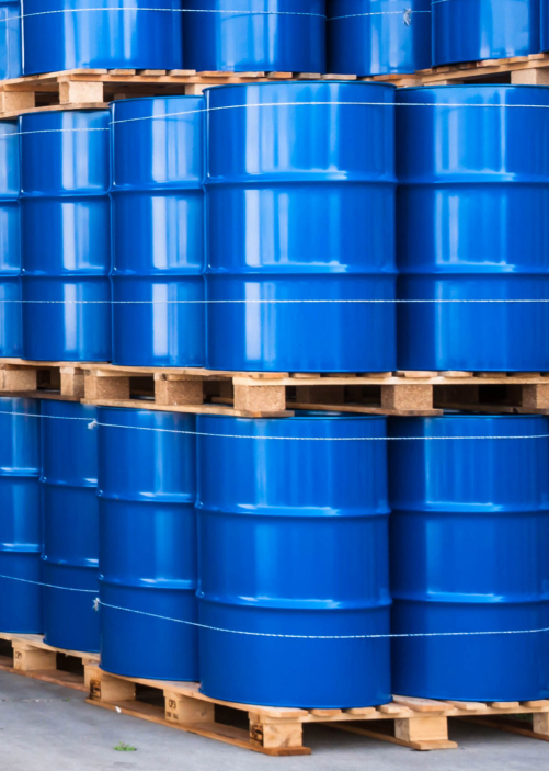 Lot of blue barrels stacked in the storageplace